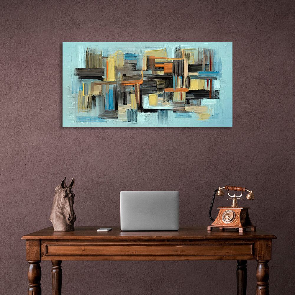 Abstraction blue color with black orange and yellow details Abstraction Canvas Wall Art Print