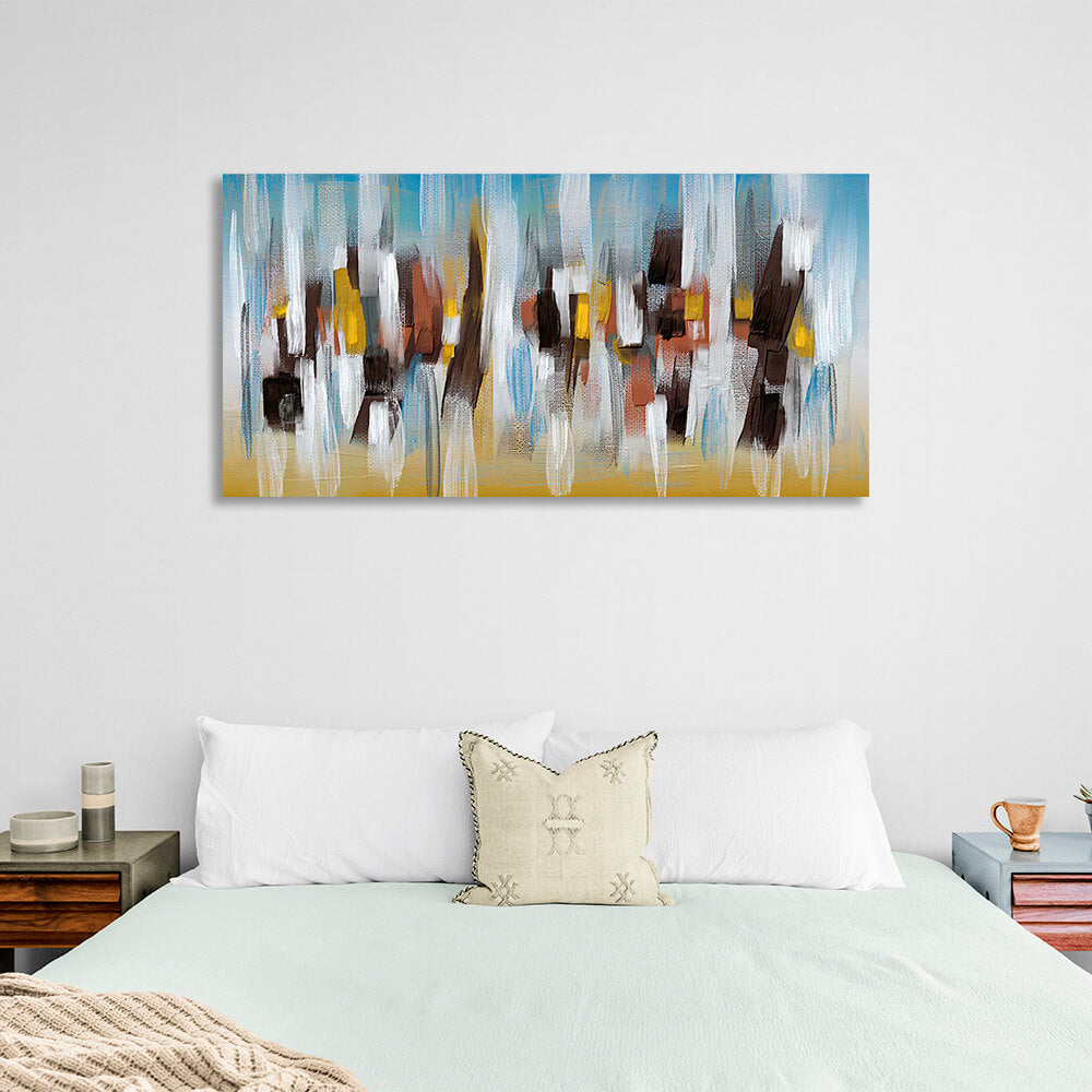 White vertical lines on a yellow-blue background Abstraction Canvas Wall Art Print