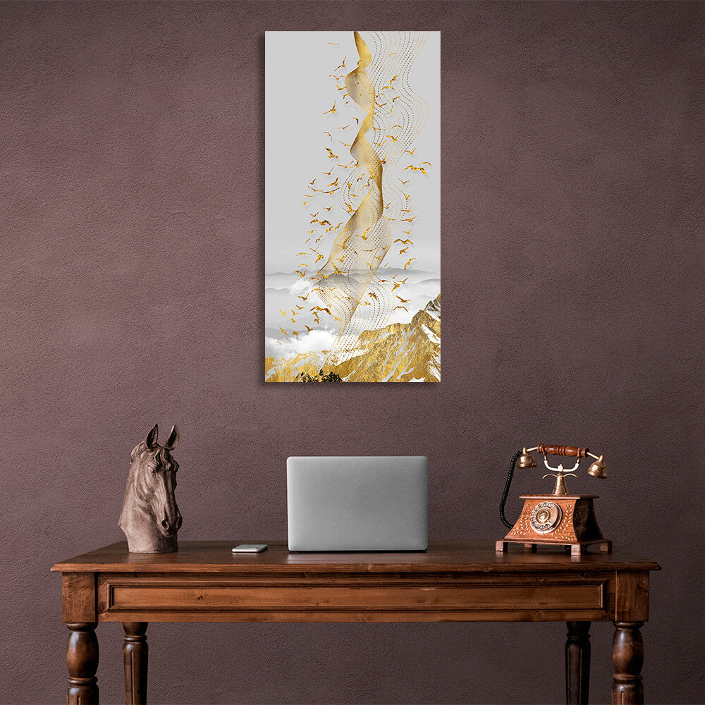 Kunstdruck auf Leinwand mit goldenen Vögeln über einem goldenen Berg auf grauem Hintergrund