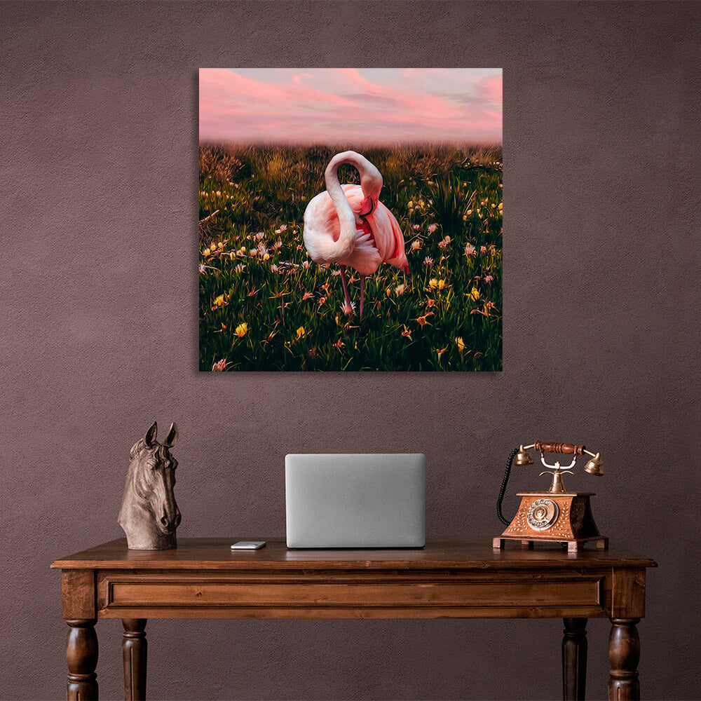 Kunstdruck auf Leinwand, Motiv: rosa Flamingo auf einem Blumenfeld