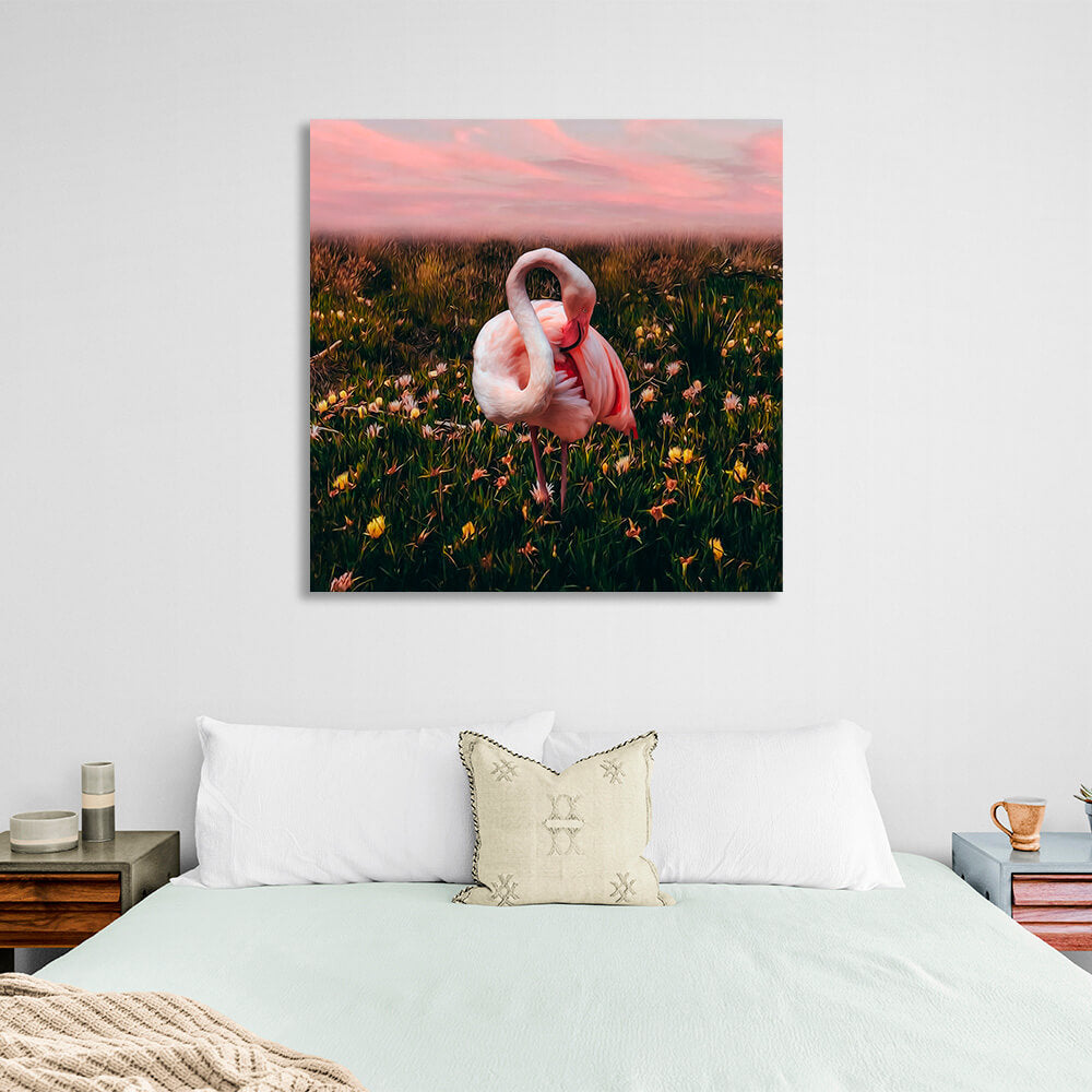 Kunstdruck auf Leinwand, Motiv: rosa Flamingo auf einem Blumenfeld