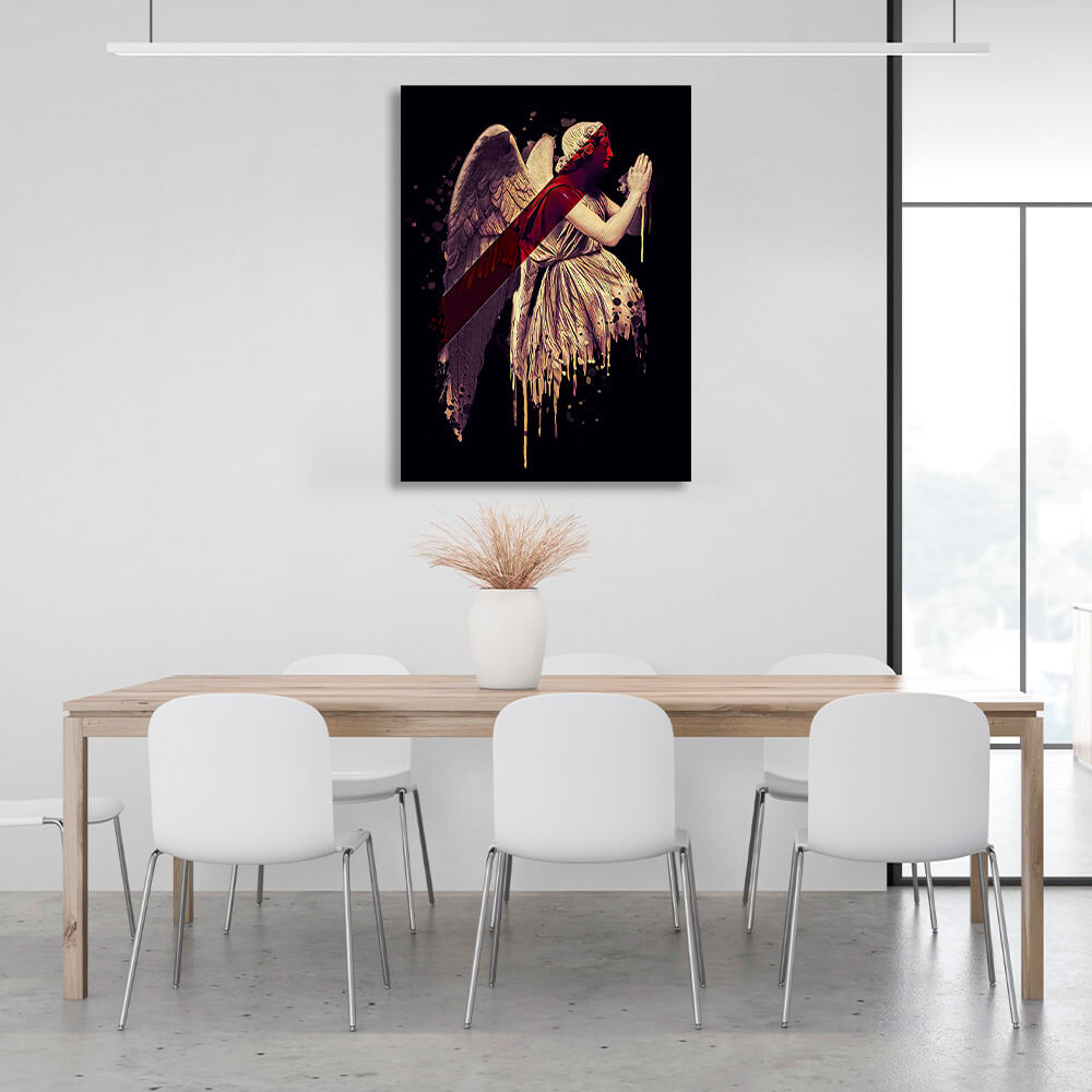 Gold angel with red detail on black background background Canvas Wall Art Print