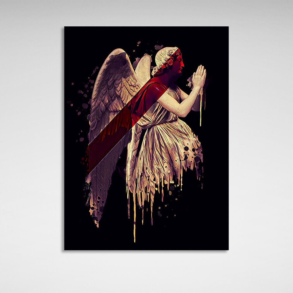 Gold angel with red detail on black background background Canvas Wall Art Print