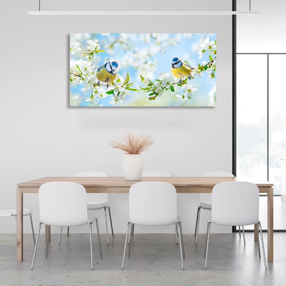 Kunstdruck auf Leinwand, Motiv: 2 Frühlingsmeisen auf Zweigen mit weißen Blüten