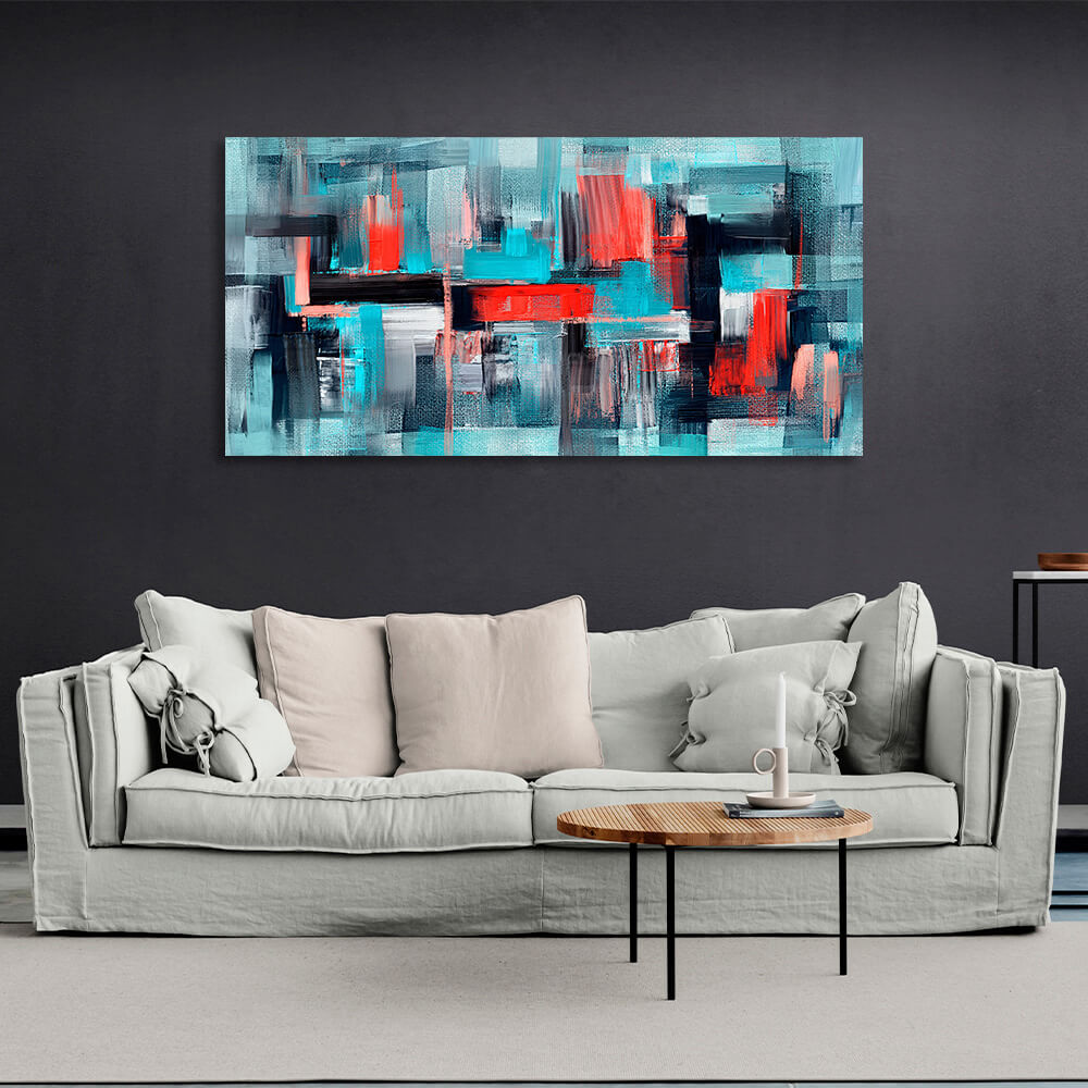 Turquoise abstract with red and black details Abstraction Canvas Wall Art Print