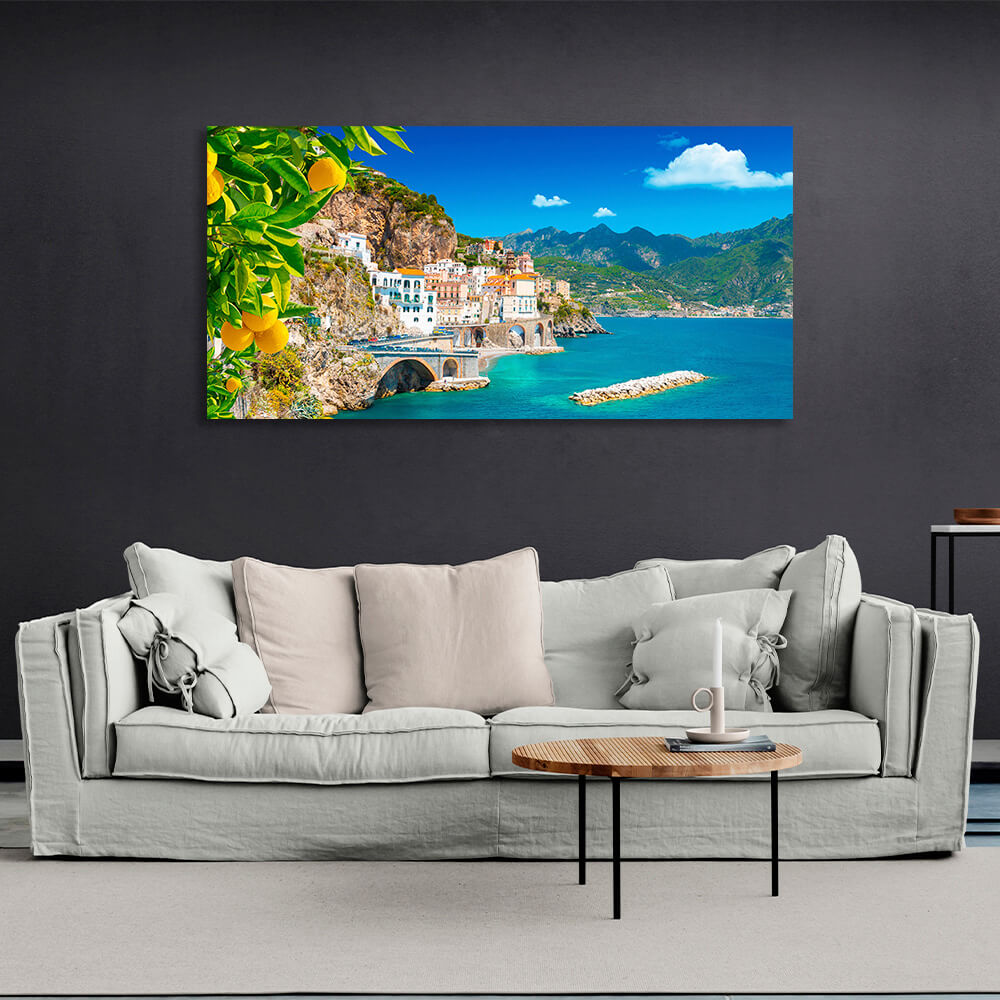 A city in the sea against the cliffs Canvas Wall Art Print