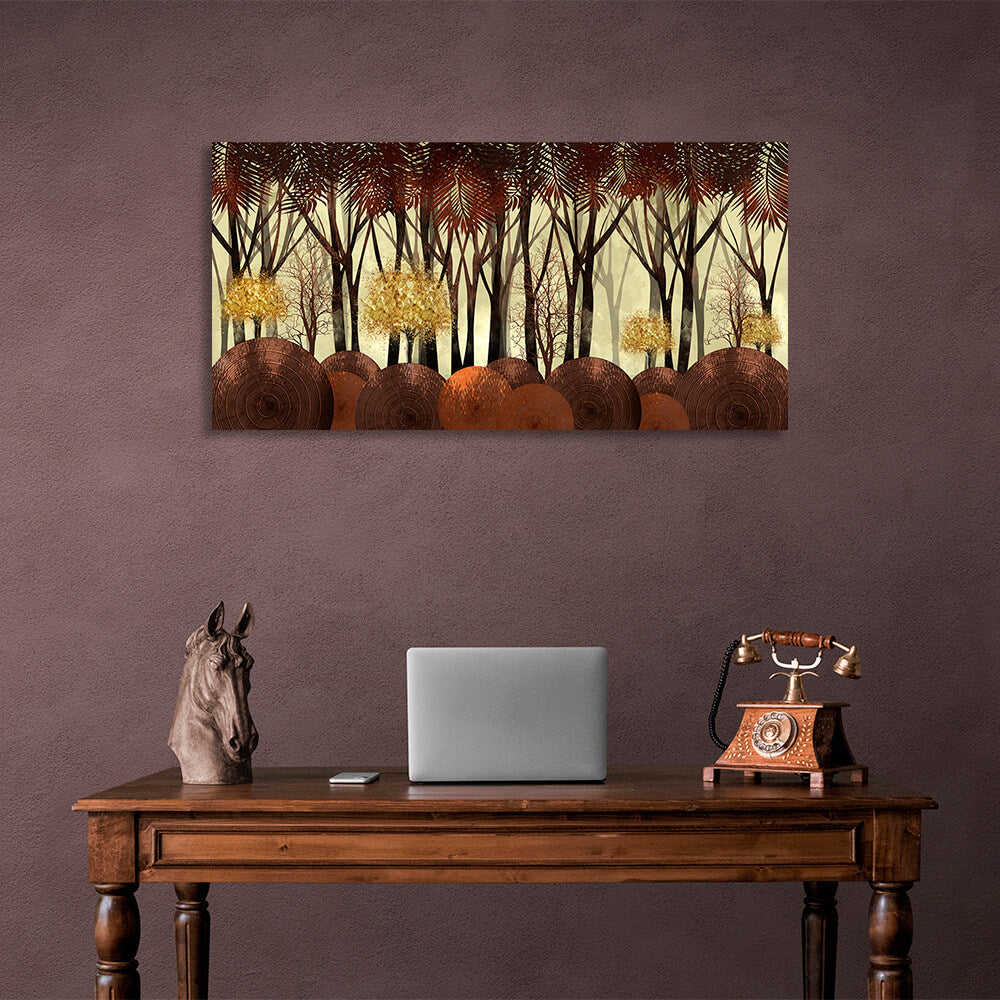 Leinwandbild „4 goldene Bäume in einem Wald aus hohen Bäumen“, Kunstdruck