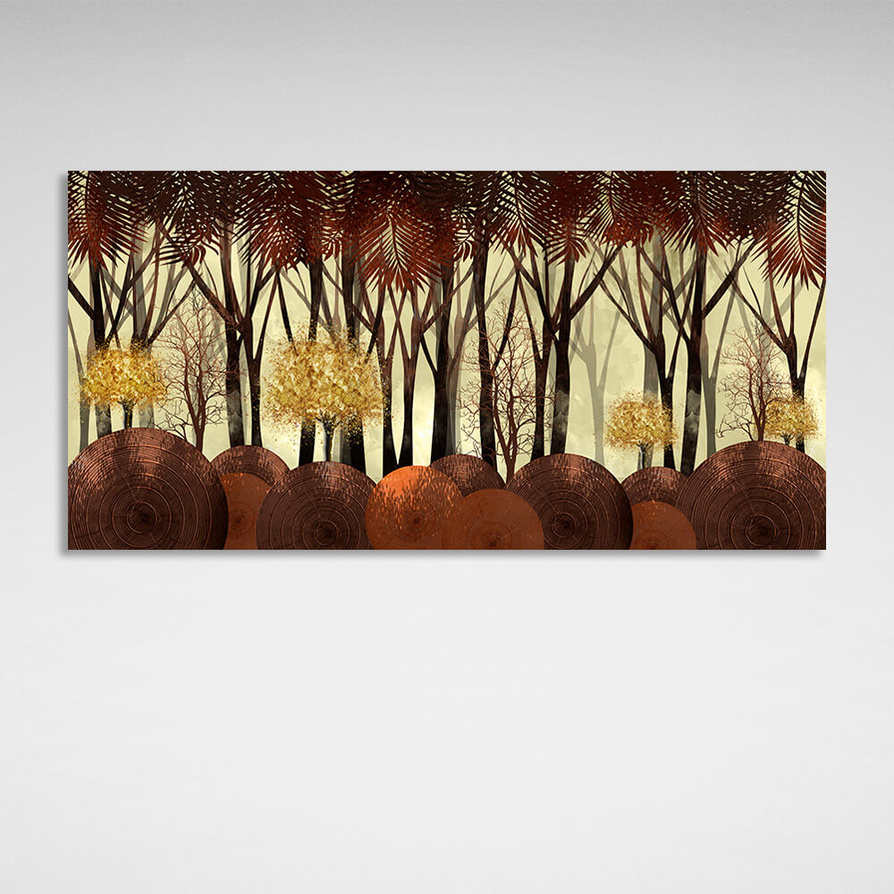 Leinwandbild „4 goldene Bäume in einem Wald aus hohen Bäumen“, Kunstdruck