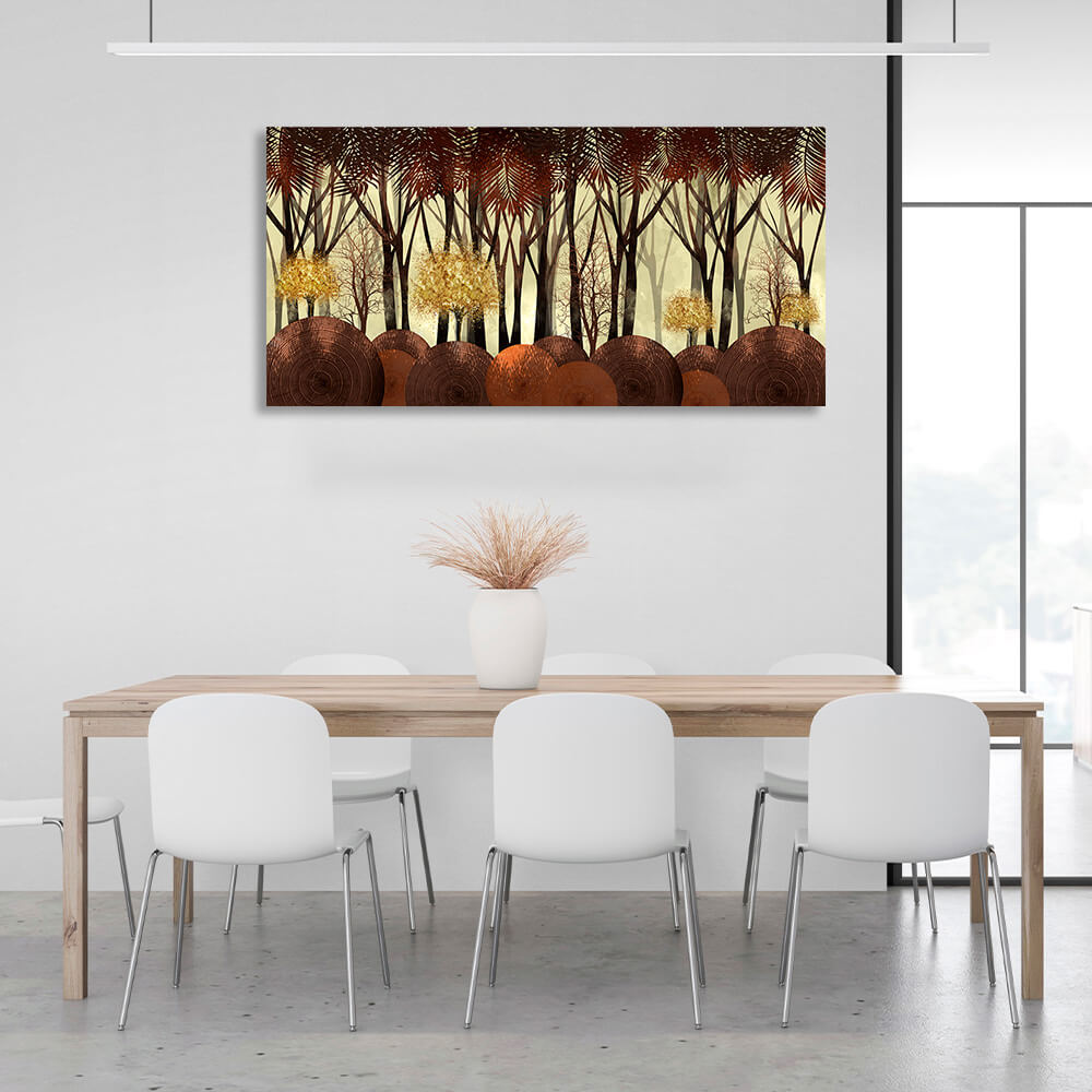 Leinwandbild „4 goldene Bäume in einem Wald aus hohen Bäumen“, Kunstdruck