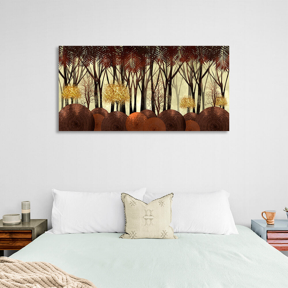 Leinwandbild „4 goldene Bäume in einem Wald aus hohen Bäumen“, Kunstdruck