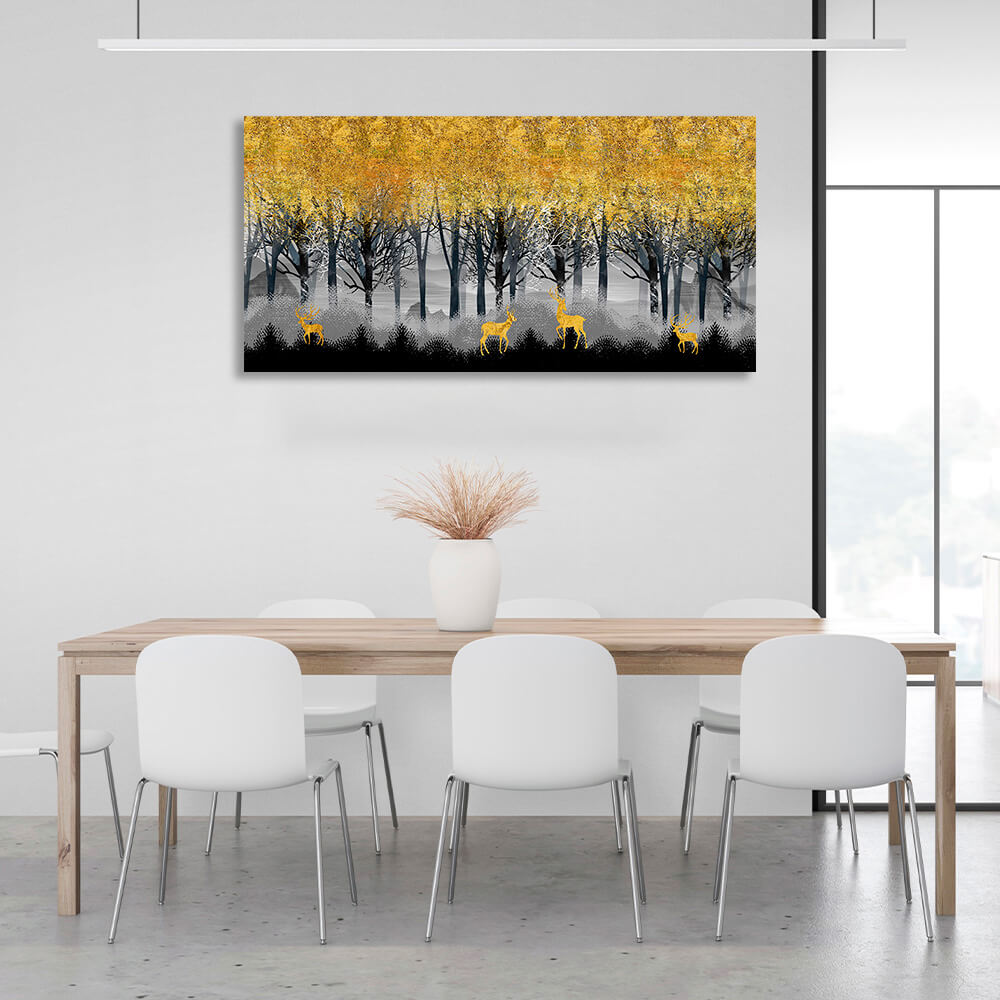 Kunstdruck auf Leinwand, Motiv: Ein Wald aus gelben Bäumen, unter denen 4 Rehe laufen