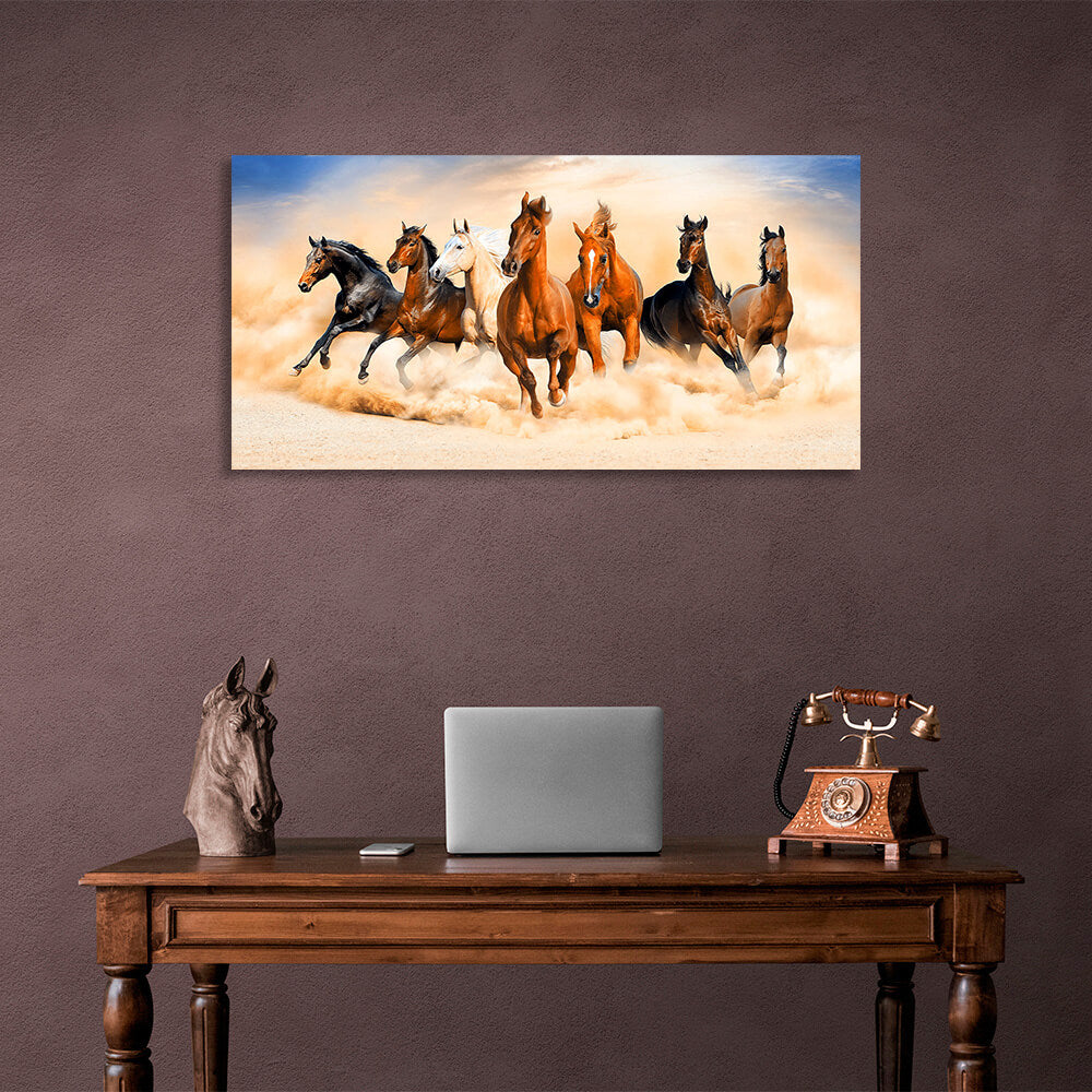 Seven horses running in the cavernous wildernessCanvas Wall Art Print