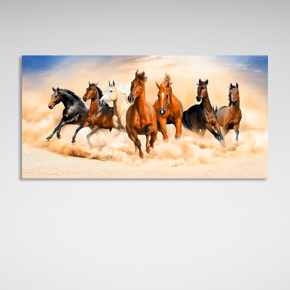 Seven horses running in the cavernous wildernessCanvas Wall Art Print