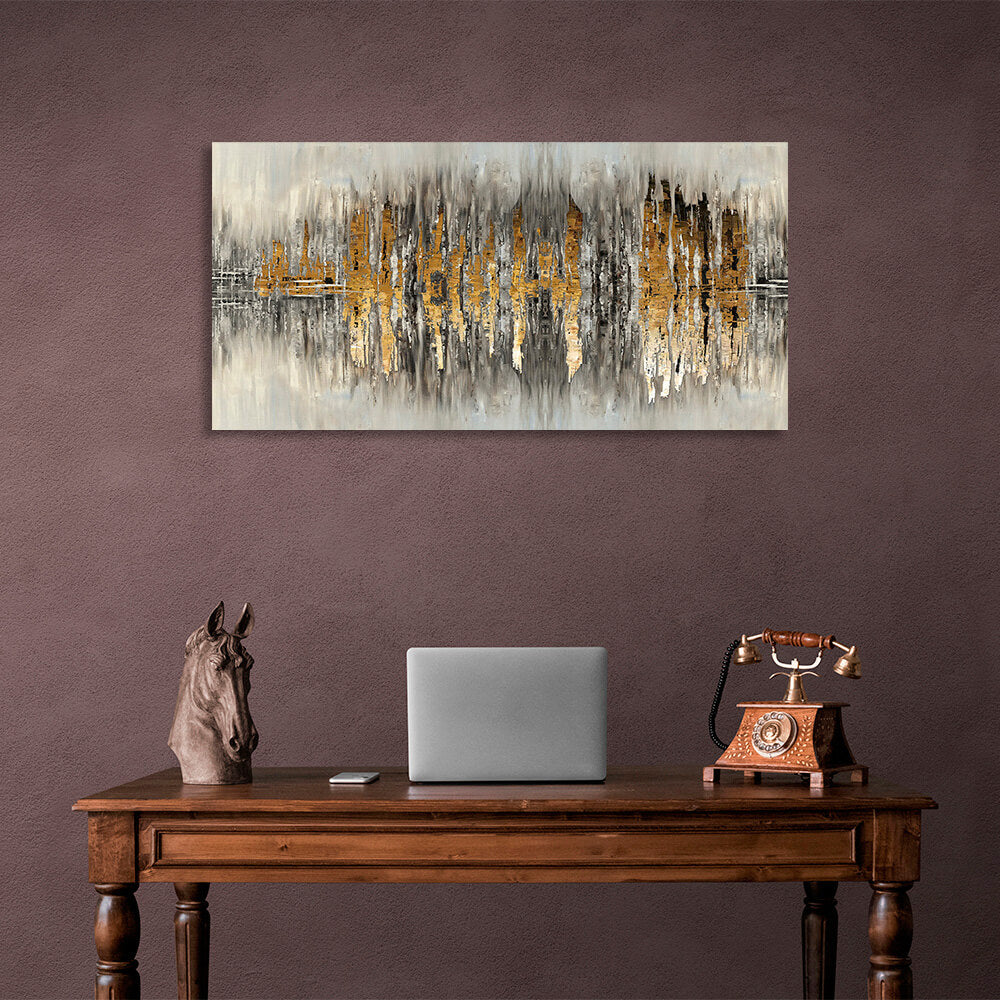 The silhouette of the city is a gray-gold color Abstraction Canvas Wall Art Print