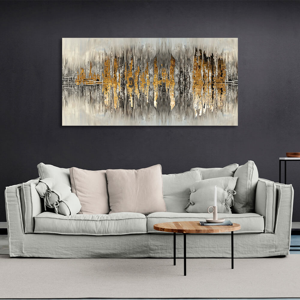 The silhouette of the city is a gray-gold color Abstraction Canvas Wall Art Print