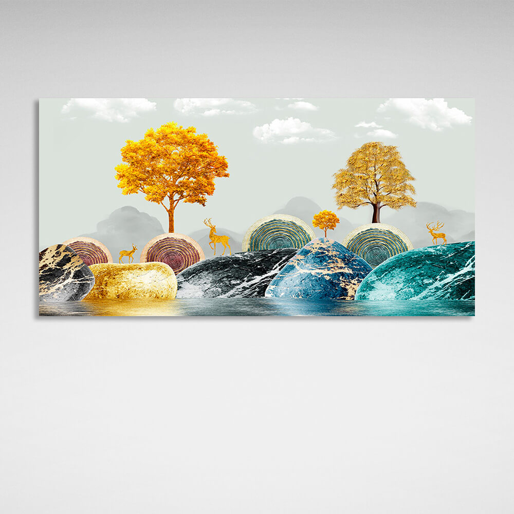 Rocks with three deer on them and golden trees Canvas Wall Art Print