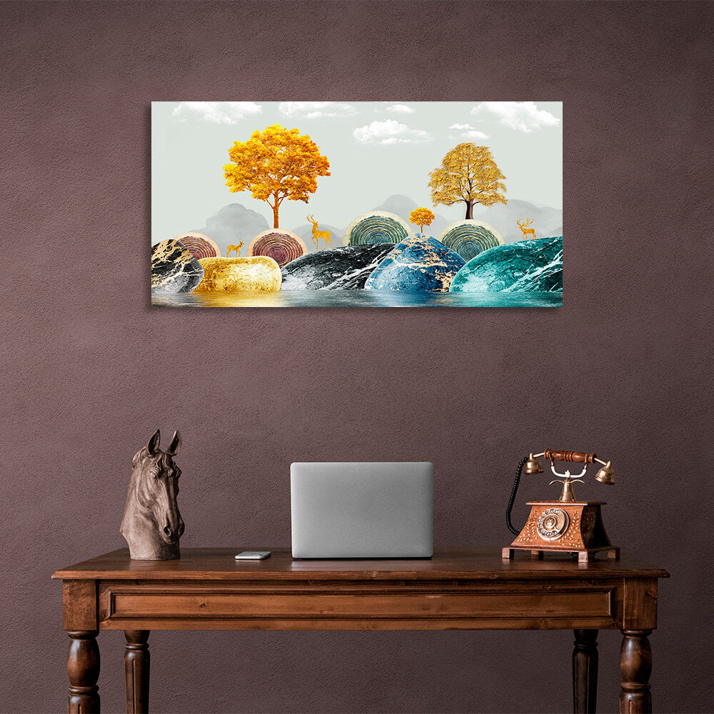 Rocks with three deer on them and golden trees Canvas Wall Art Print