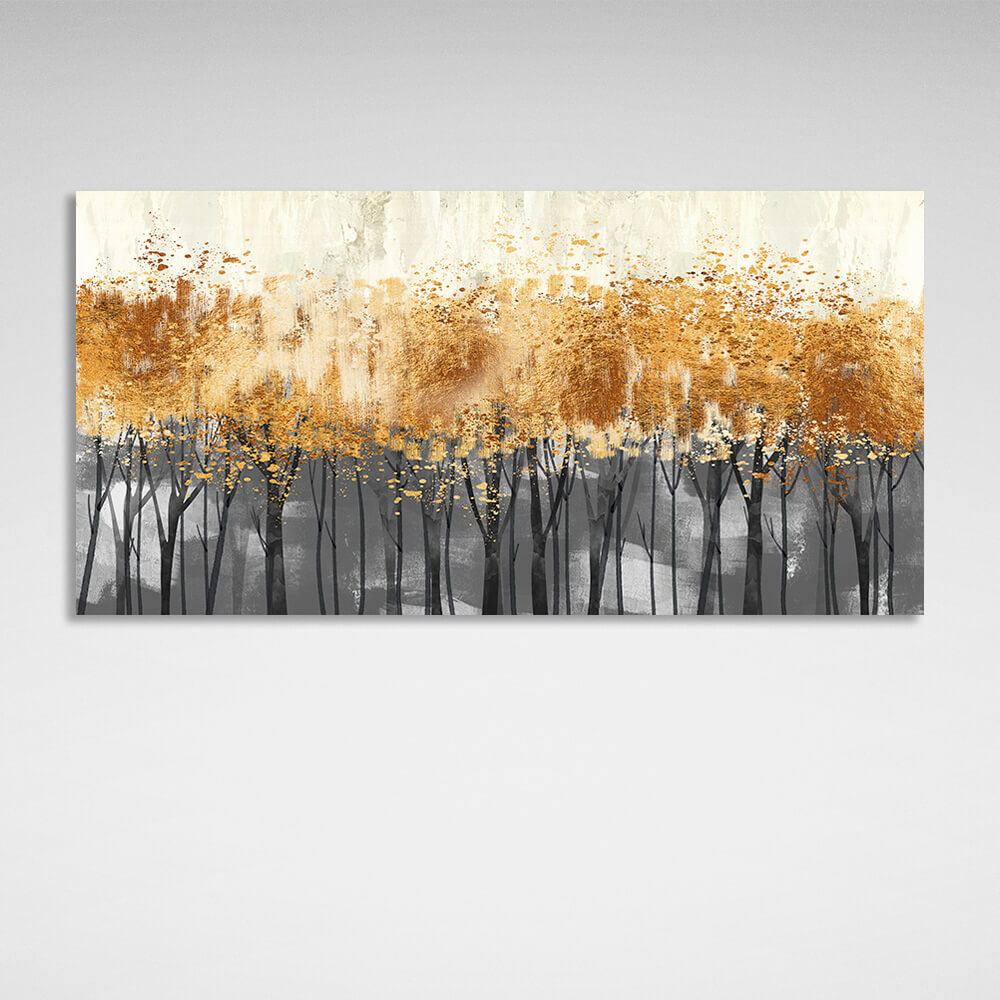 Goldene Bäume auf dunklen Masten im Nebel Leinwand Wand Kunstdruck