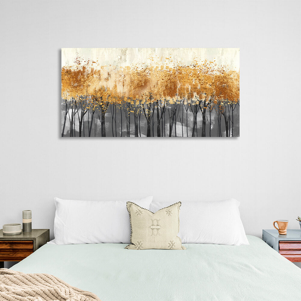 Goldene Bäume auf dunklen Masten im Nebel Leinwand Wand Kunstdruck