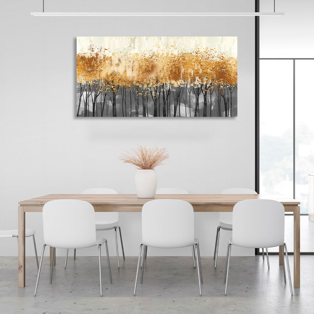 Goldene Bäume auf dunklen Masten im Nebel Leinwand Wand Kunstdruck