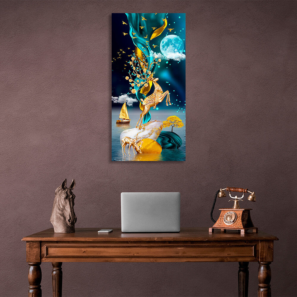 Two deer a golden boat at sea and a blue moon Abstraction Canvas Wall Art Print