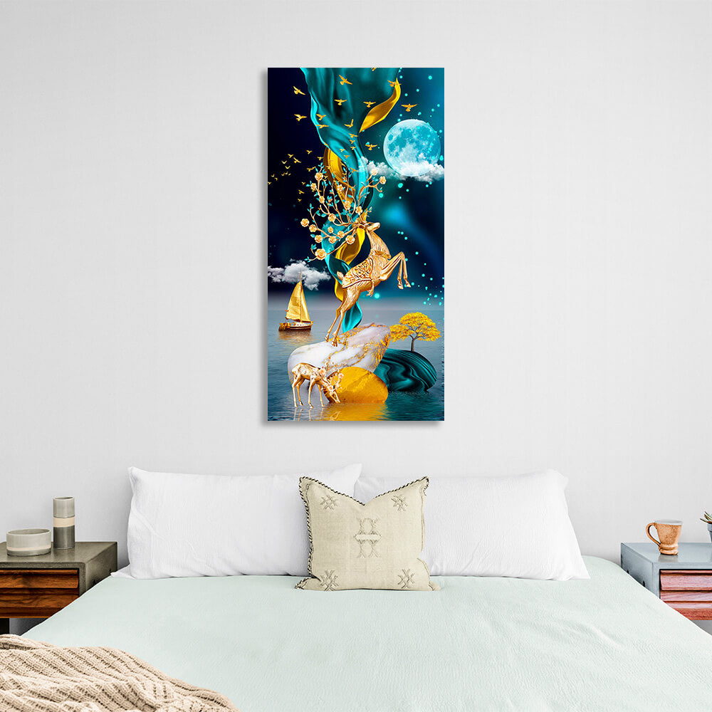 Two deer a golden boat at sea and a blue moon Abstraction Canvas Wall Art Print