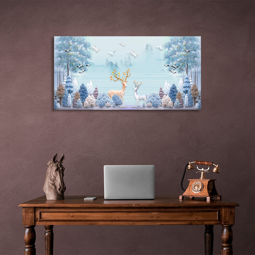 Two reindeer in a snowy forest Canvas Wall Art Print