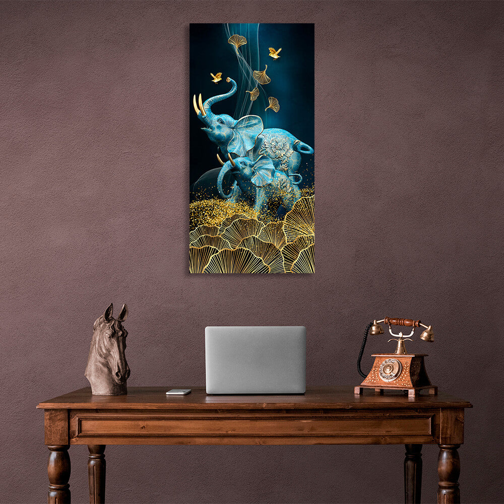 Two blue elephants with golden flowers Canvas Wall Art Print