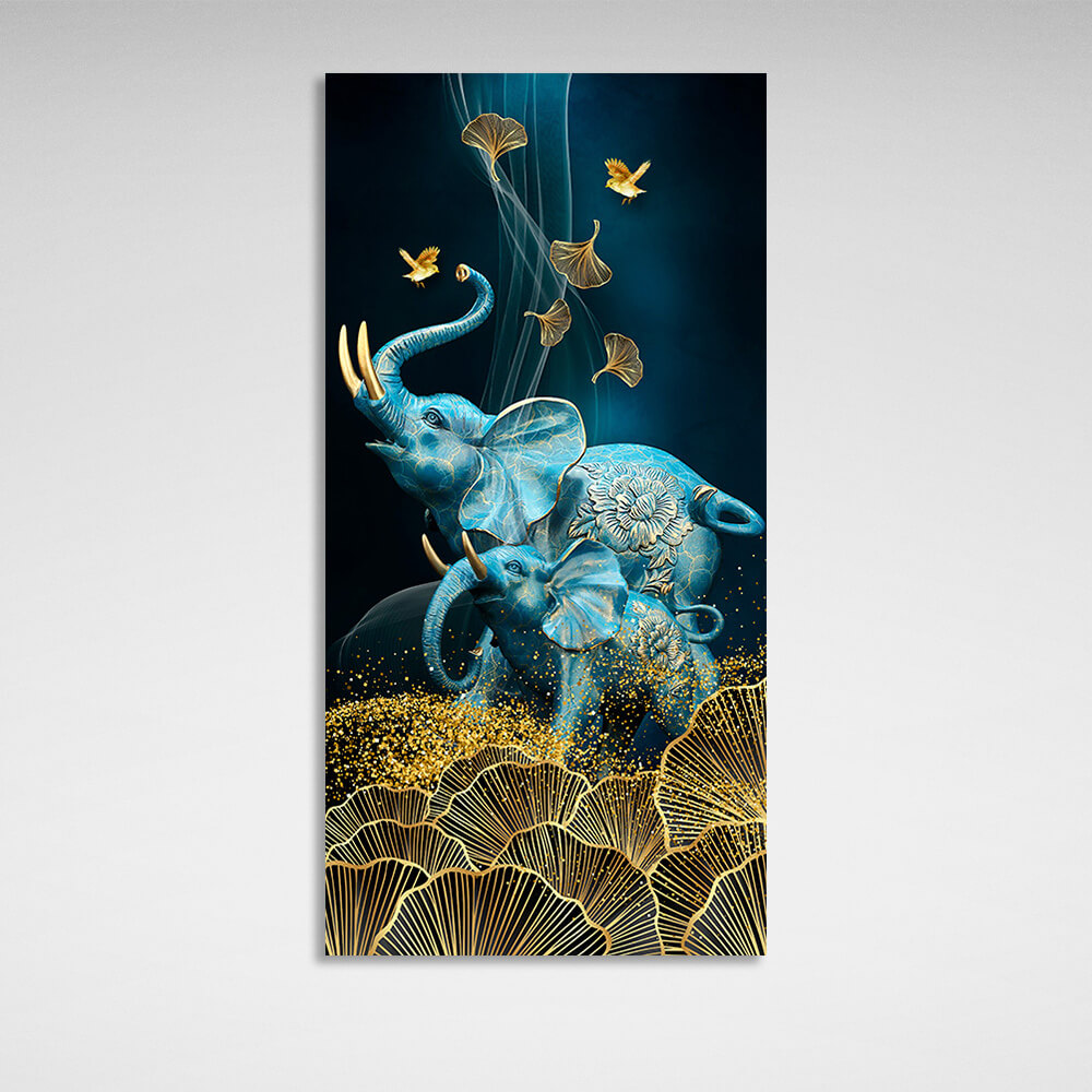 Two blue elephants with golden flowers Canvas Wall Art Print