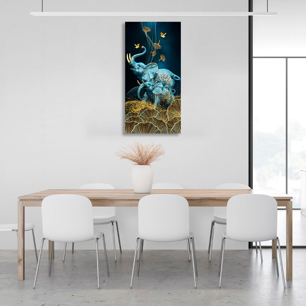 Two blue elephants with golden flowers Canvas Wall Art Print