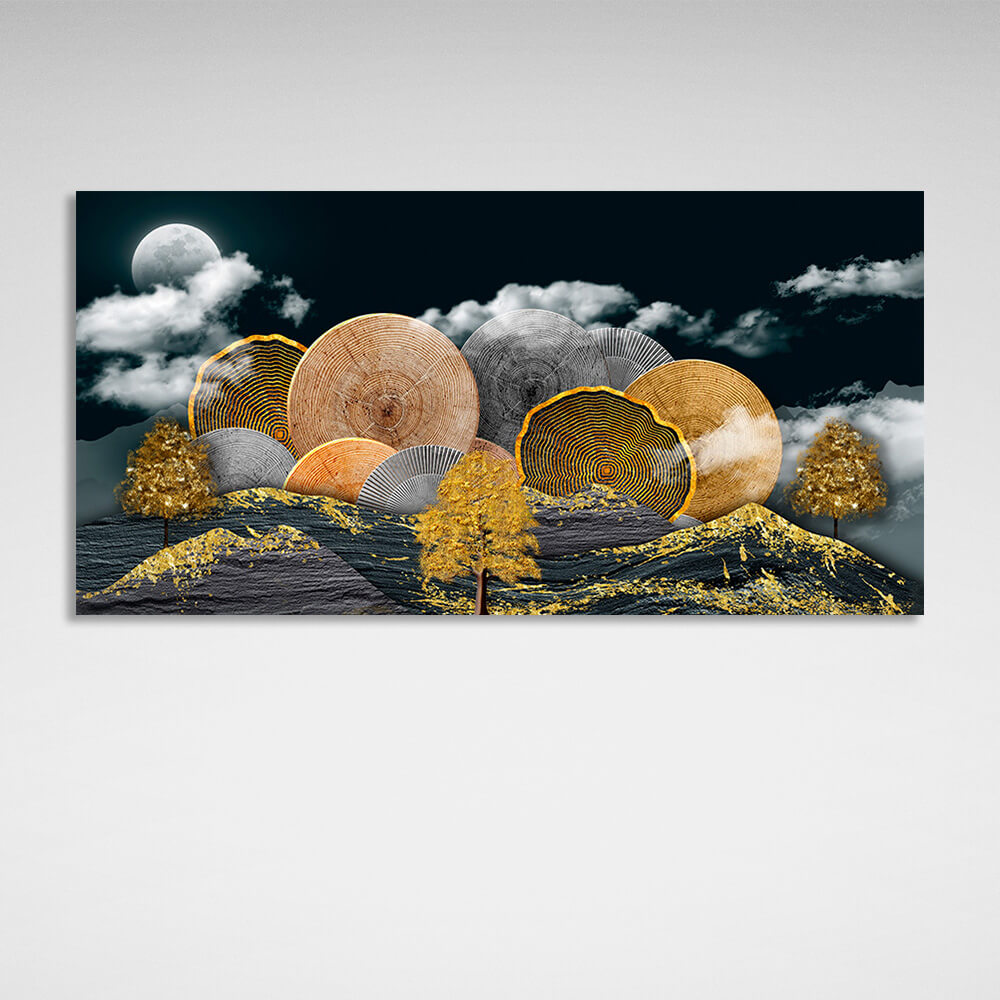 Mountain trees in gold and gray colors Abstraction Canvas Wall Art Print