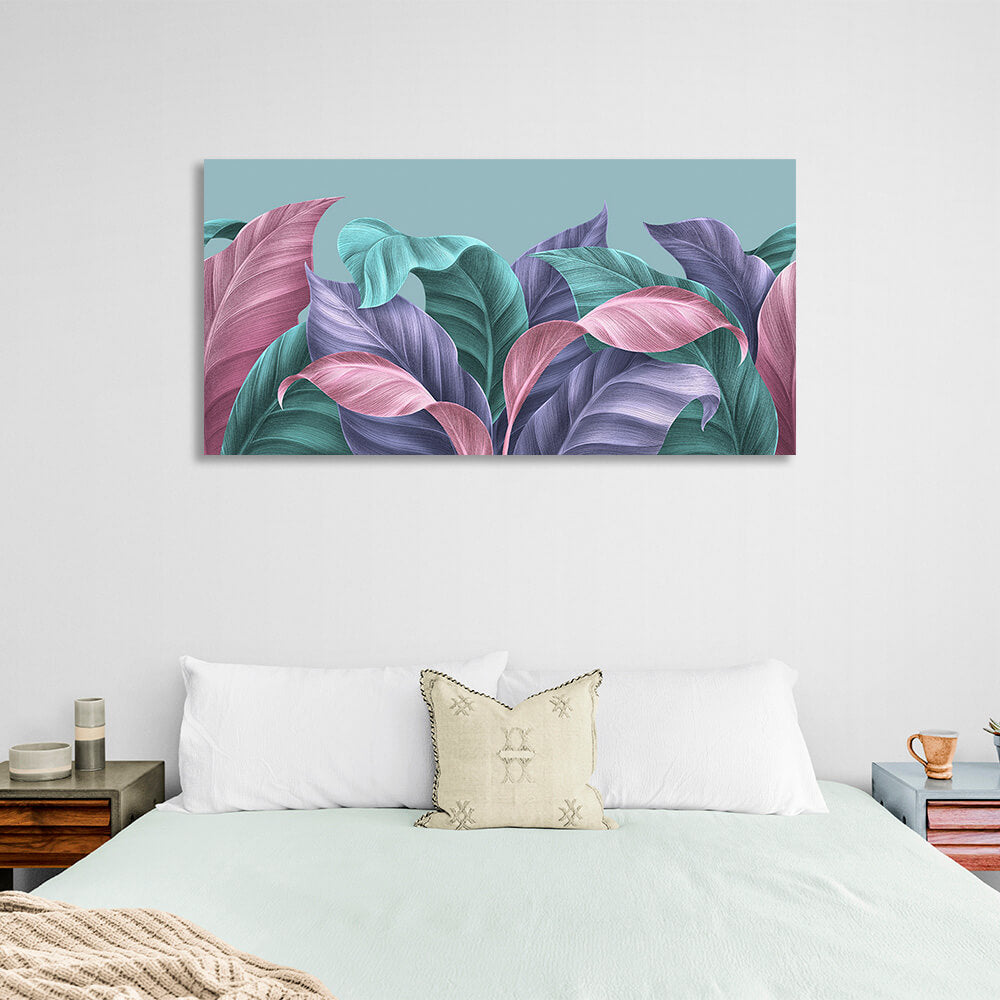 Kunstdruck auf Leinwand mit tropischen Blättern in Grün, Lila und Rosa