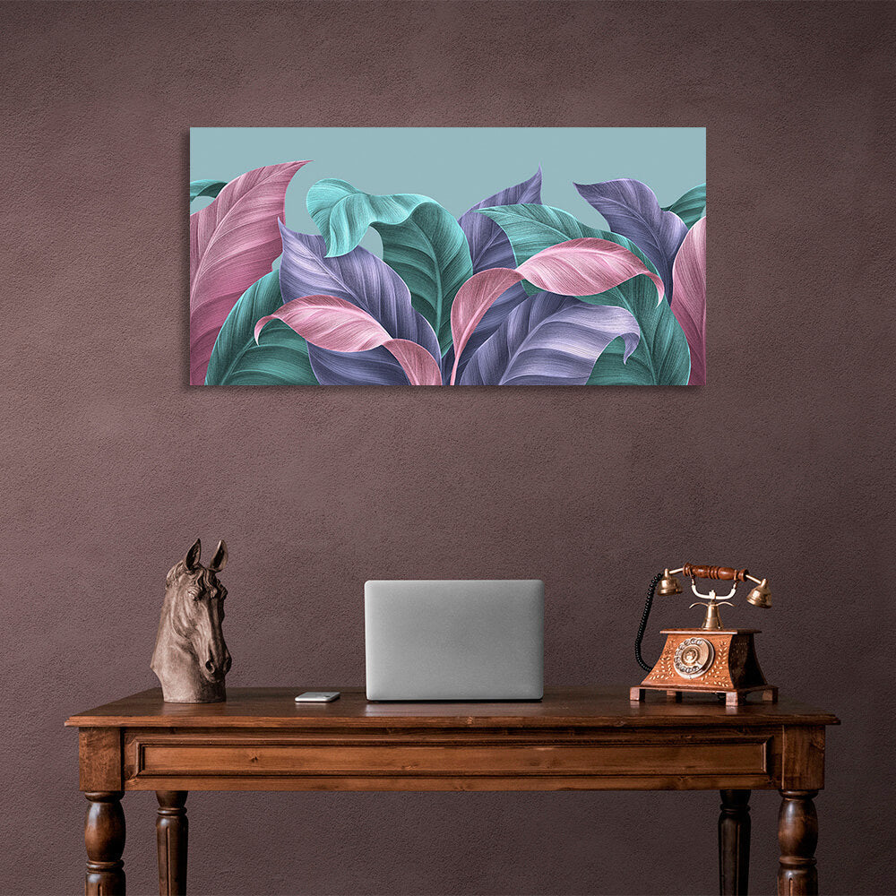 Kunstdruck auf Leinwand mit tropischen Blättern in Grün, Lila und Rosa