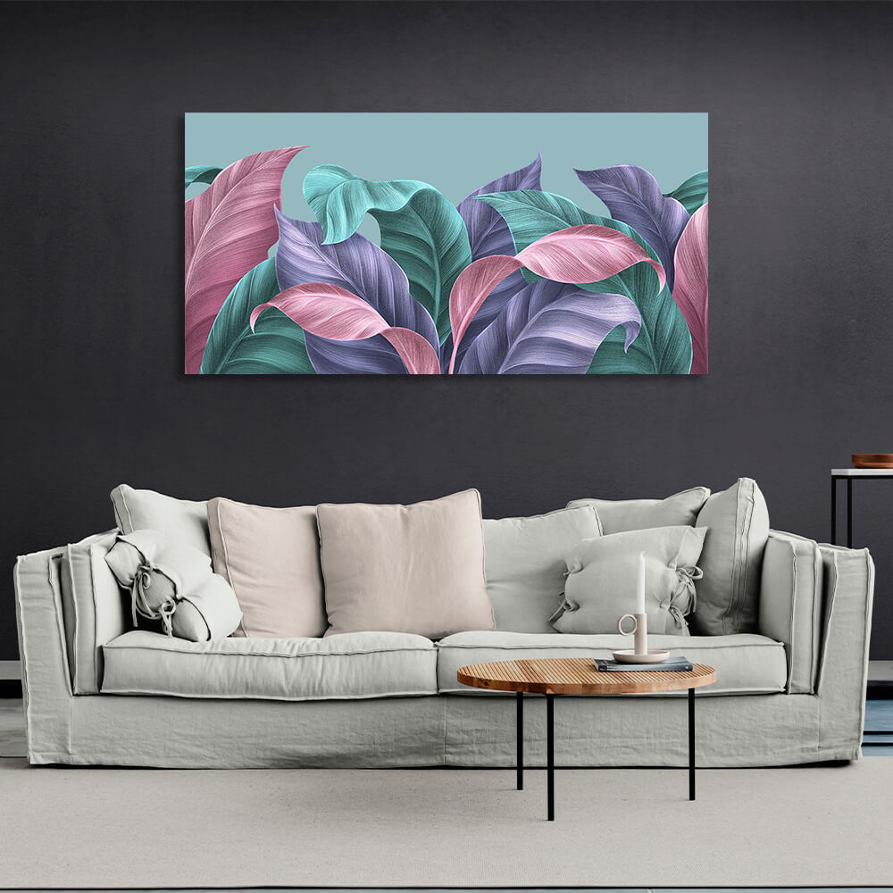 Kunstdruck auf Leinwand mit tropischen Blättern in Grün, Lila und Rosa