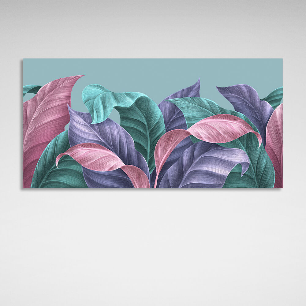 Kunstdruck auf Leinwand mit tropischen Blättern in Grün, Lila und Rosa