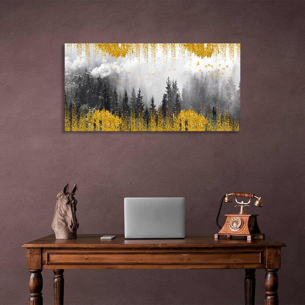 Kunstdruck auf Leinwand „Wald im Nebel“ mit goldenen Details