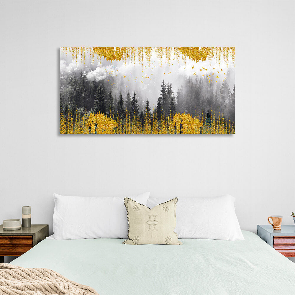 Kunstdruck auf Leinwand „Wald im Nebel“ mit goldenen Details