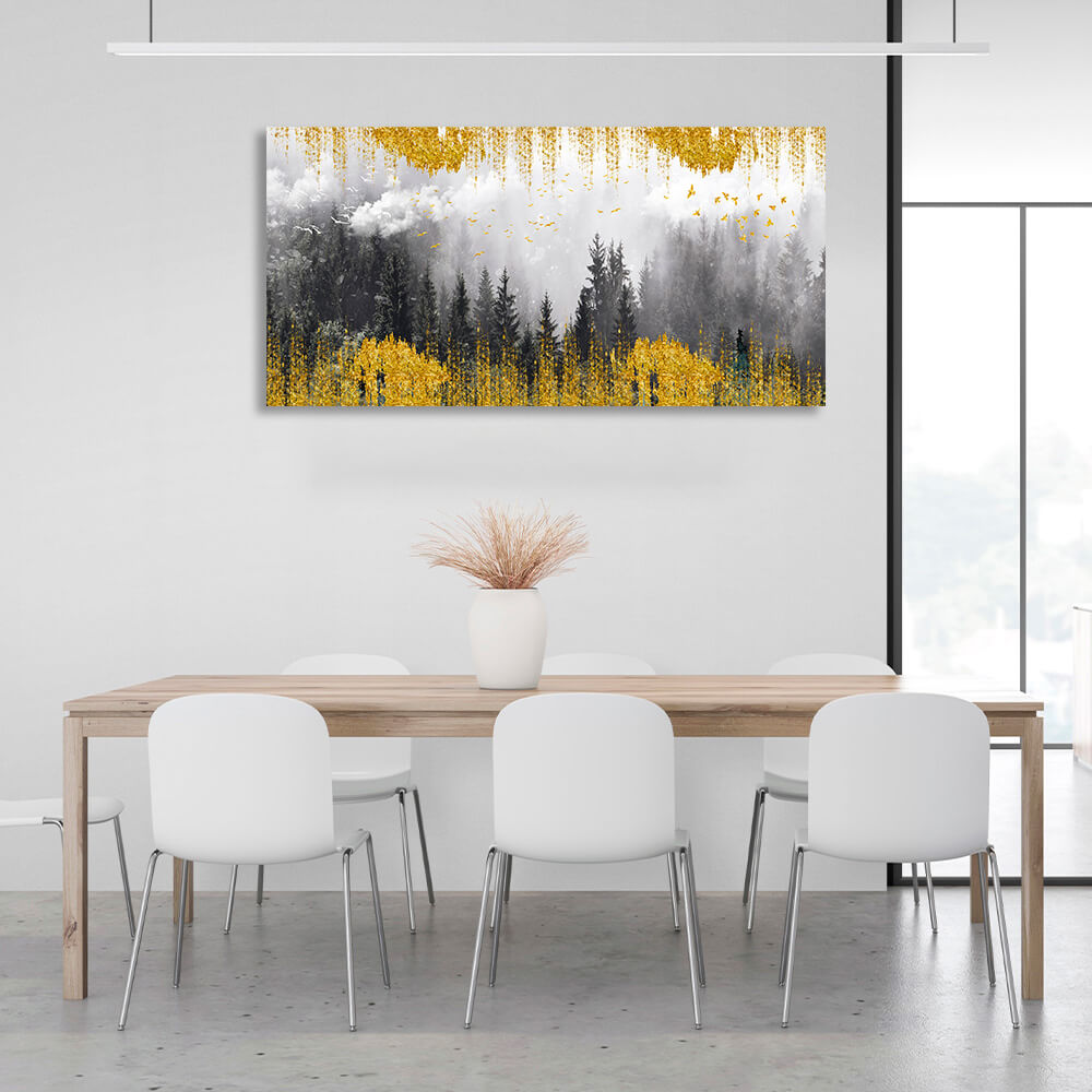 Kunstdruck auf Leinwand „Wald im Nebel“ mit goldenen Details