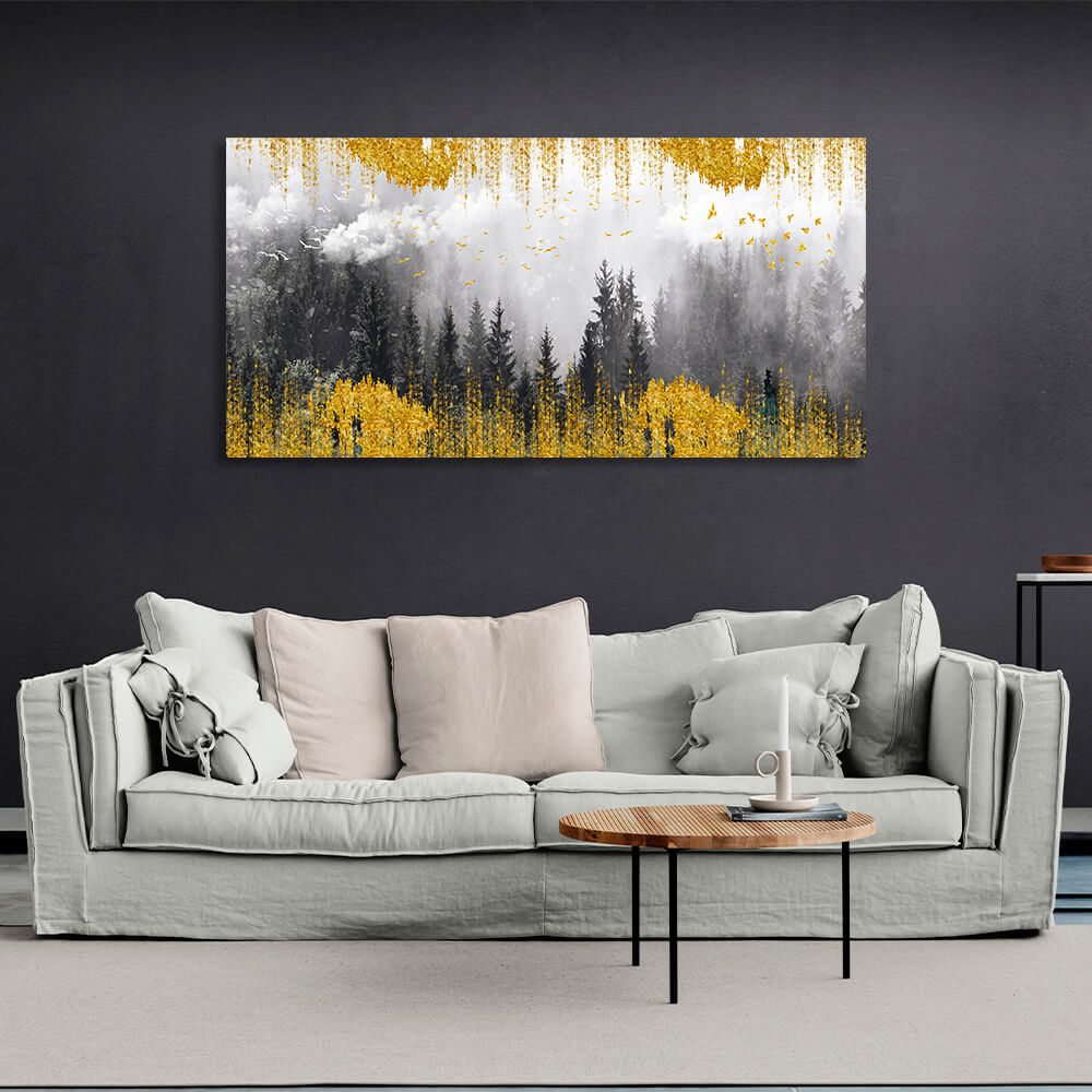 Kunstdruck auf Leinwand „Wald im Nebel“ mit goldenen Details