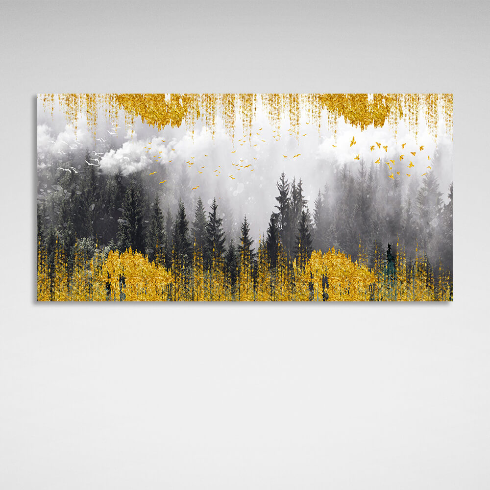 Kunstdruck auf Leinwand „Wald im Nebel“ mit goldenen Details