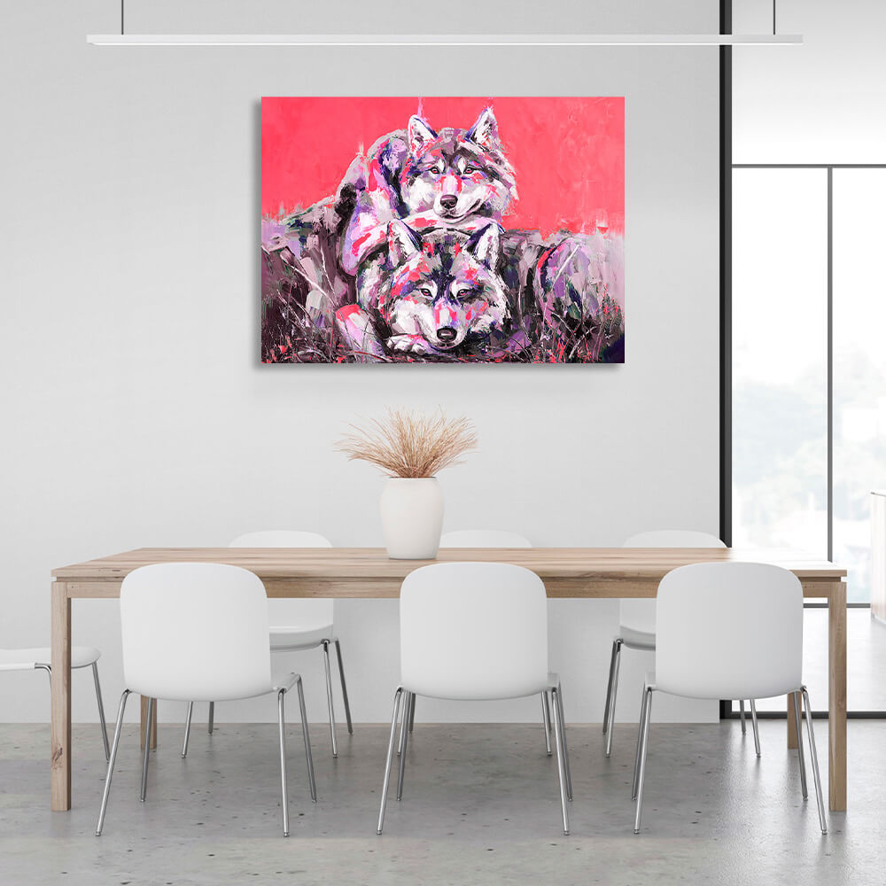 Two wolves on a red background Canvas Wall Art Print