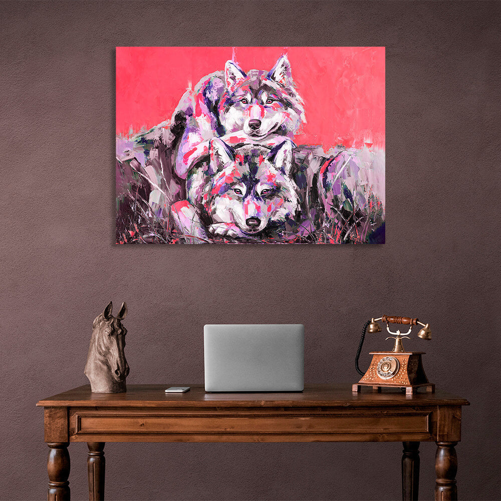 Two wolves on a red background Canvas Wall Art Print