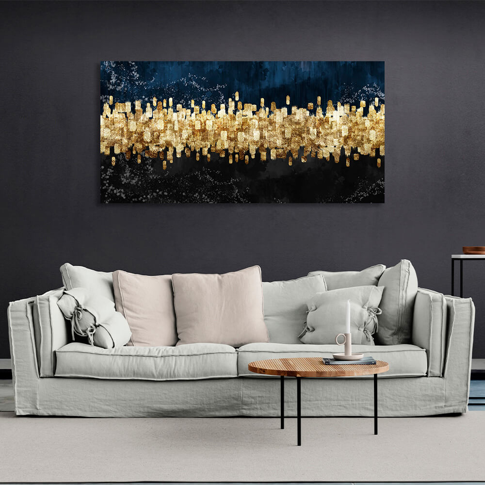 Beige horizontale Linie aus kleinen Strichen auf blauem Hintergrund Abstrakter Leinwand-Kunstdruck