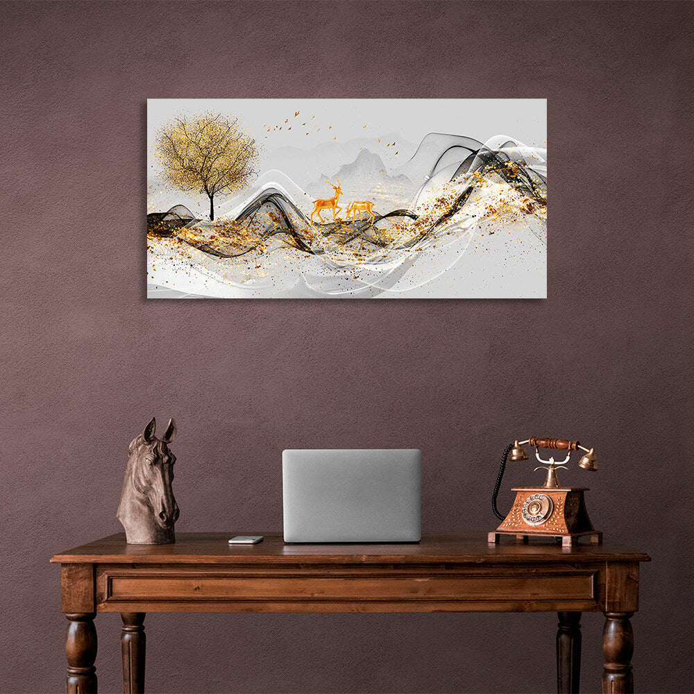 Two deer near a tree with a mountain in the background Abstraction Canvas Wall Art Print