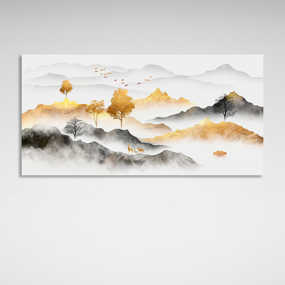 Mountains trees animals and birds Canvas Wall Art Print