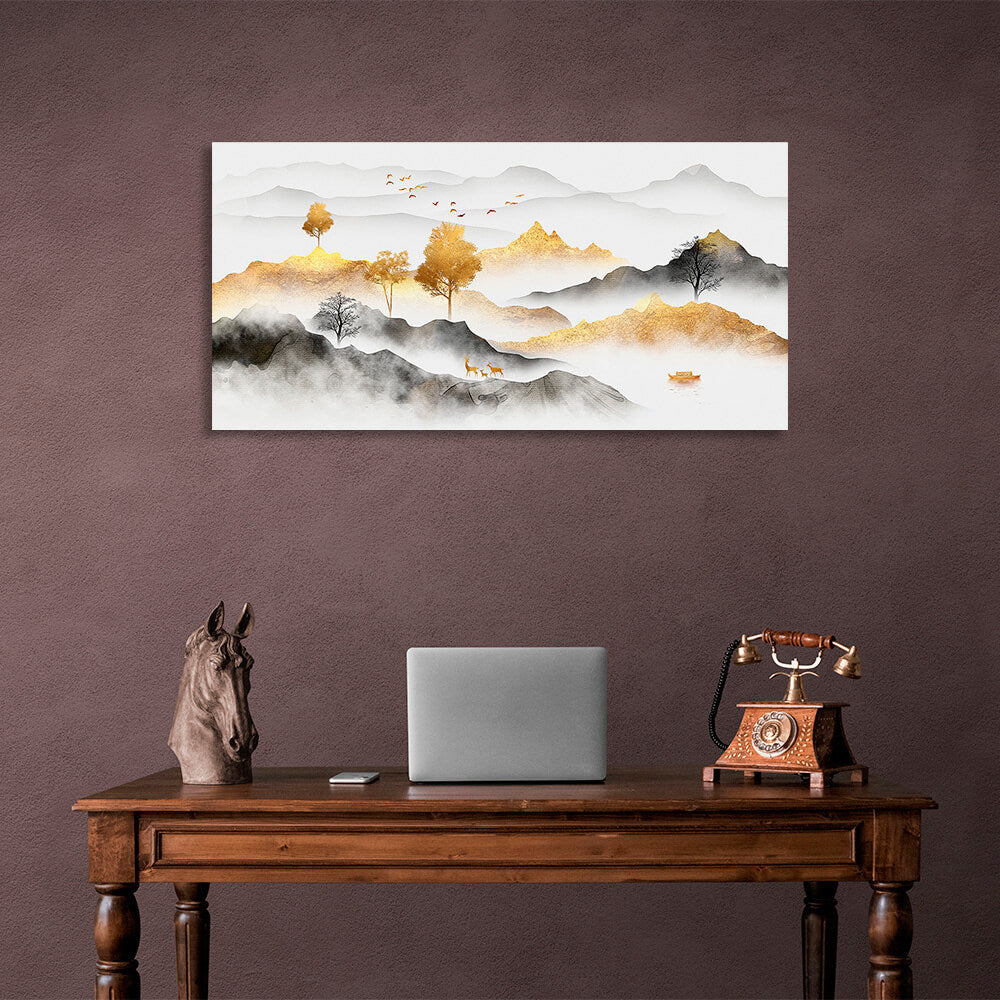 Mountains trees animals and birds Canvas Wall Art Print