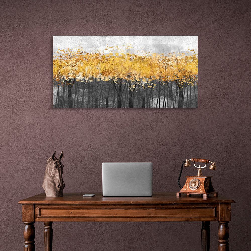 Leinwandbild „Dunkler Wald mit Bäumen und goldenen Blättern“