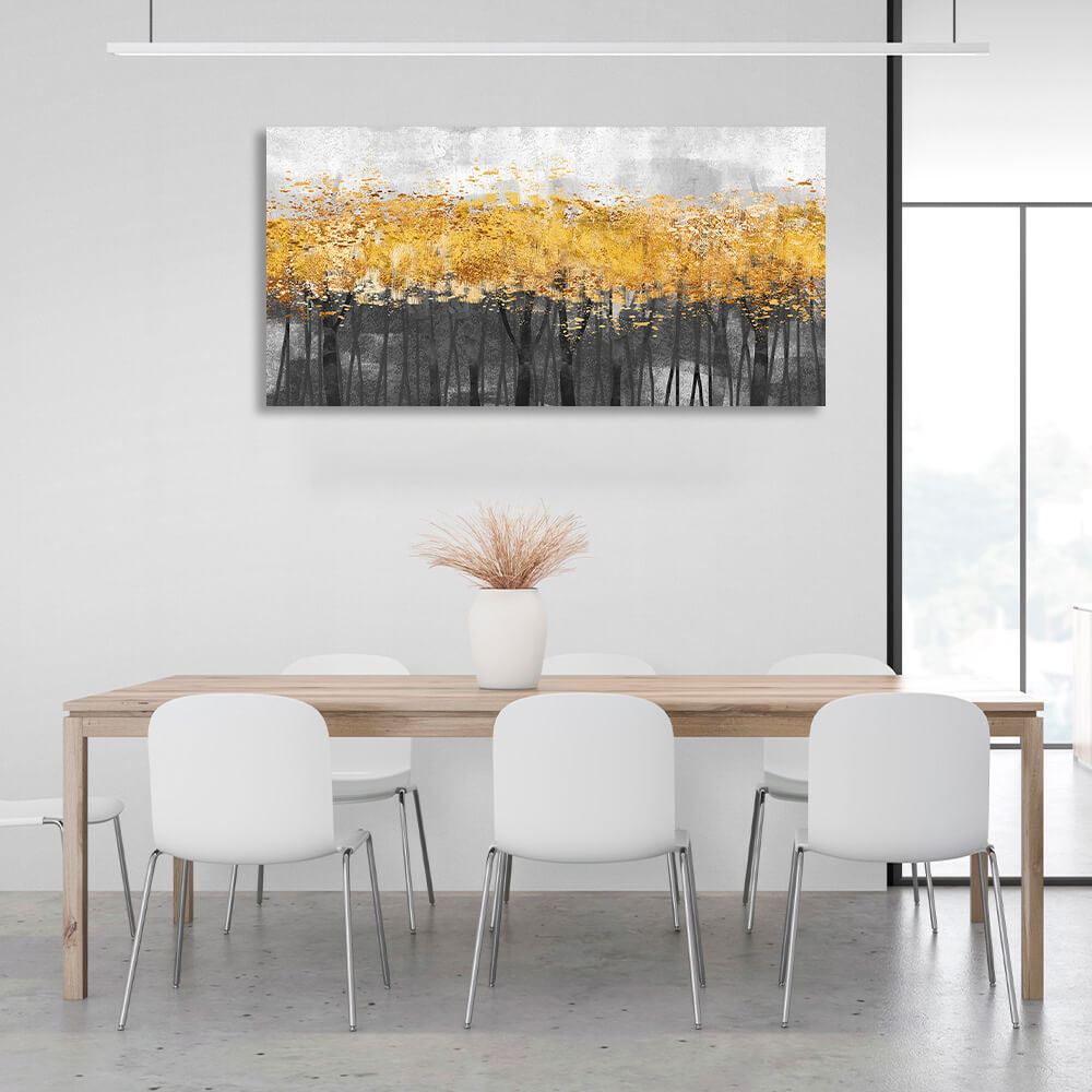 Leinwandbild „Dunkler Wald mit Bäumen und goldenen Blättern“