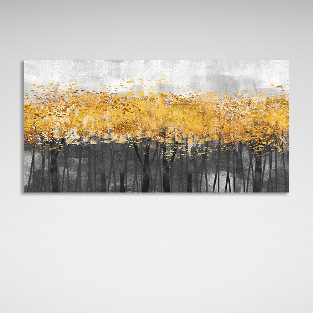 Leinwandbild „Dunkler Wald mit Bäumen und goldenen Blättern“