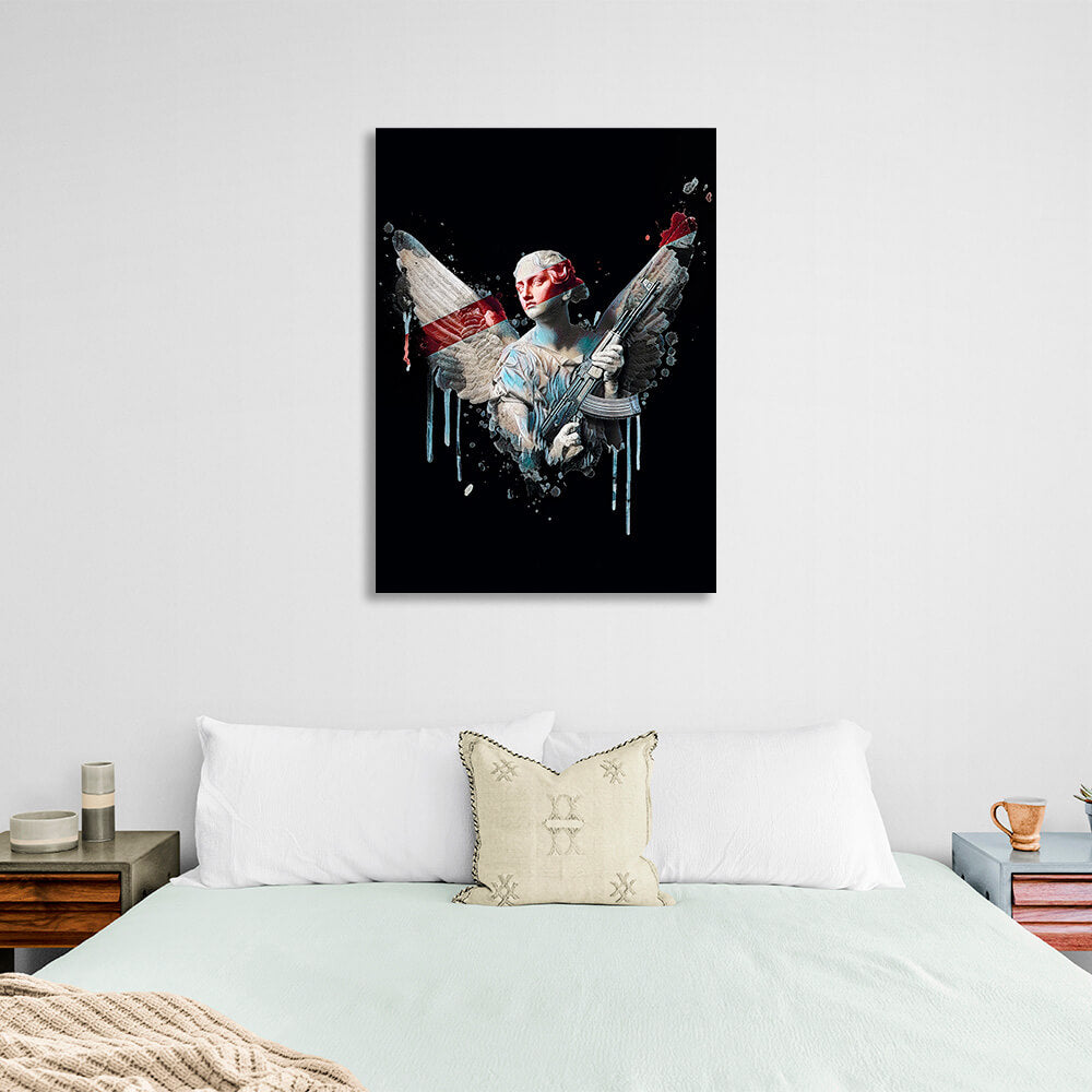 A sculpture with a gun on a black background Canvas Wall Art Print